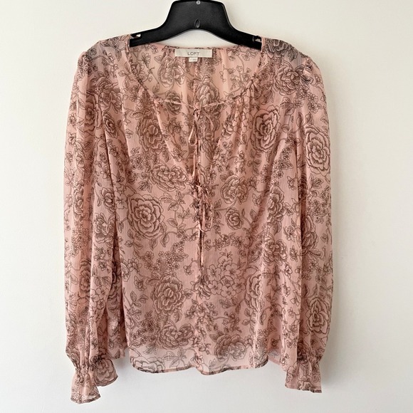 LOFT Tops - Blush Floral Lace Up Blouse Women's M Romantic Coquette Peasant Top